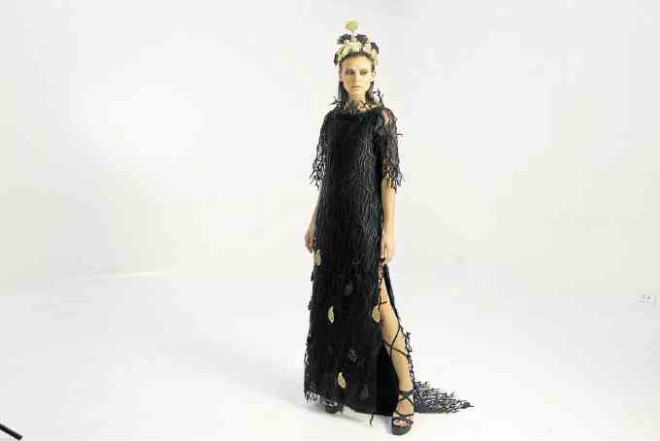 Black embossed coral embroidered gown