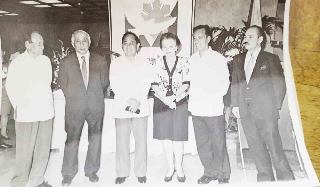 At the 1991 launch, in Manila, of Reyes’ book, “In theNational Interest: The Philippines and the UN-Issues of Disarmament, Peace and Security,” the author (far right)with, from left, Undersecretary Jose Ingles,Undersecretary Pablo Suarez, Senate President Jose de Venecia, BethDay-Romulo and Sen. Aquilino Pimentel