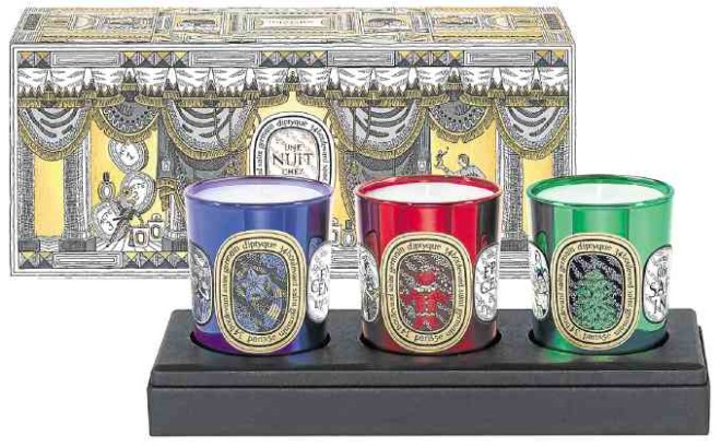 Diptyque’s limited-edition holiday candles come in sets of three 70-g jars.
