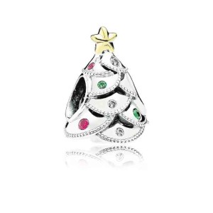 Festive Tree charm—silver, cubic zirconia, crystals and 14k gold