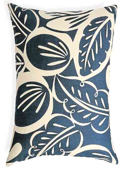 Audra 22x15 pillow. Recalling the motifs of 1920s design, Genevieve Bennett created this expressive botanical design printed on silk. The pillow reverses to solid blue crepe. Available at Crate and Barrel.