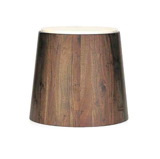 White Wood Alpine accent table. The Alpine accent table tops a cone of richly toned acacia wood with a cool round of beautiful white “banswara” marble. Solid yet scaled small, Alpine adds polished rusticity and a welcome surface. Available at Crate and Barrel.