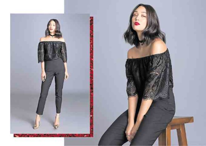 Off-shoulder lace top, cropped skinny pants
