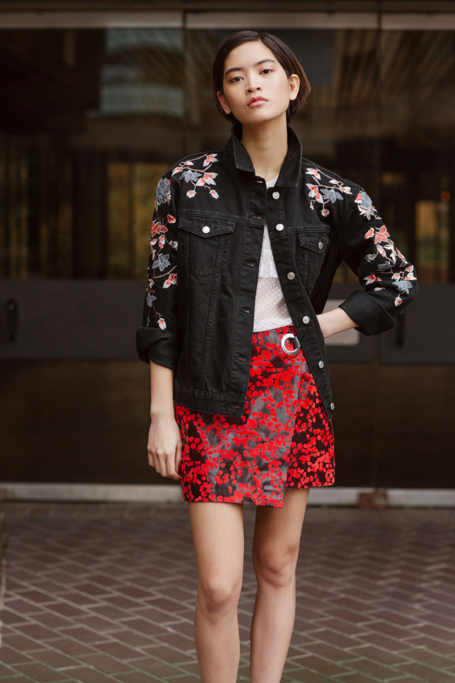  Embroidered denim jacket and printed skirt