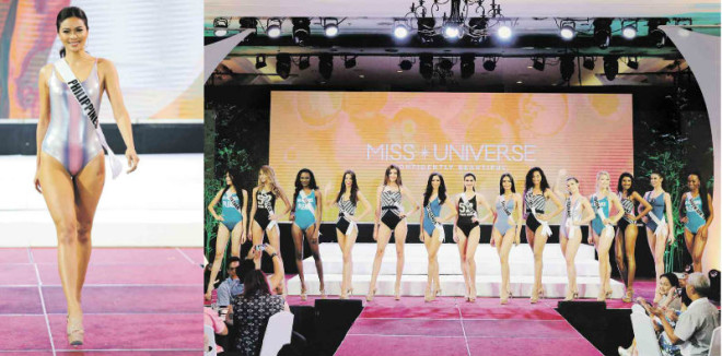 MOST AWAITED CONTEST PHASE  Eighty-six beauties from various countries and territories appeared in swimsuits in the most awaited portion of the Miss Universe pageant at a Cebu resort. Among those who drew the loudest cheers was the Philippines’ Maxine Medina (left).  —JILSON SECKLER TIU