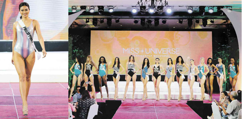 MOST AWAITED CONTEST PHASE Eighty-six beauties from various countries and territories appeared in swimsuits in the most awaited portion of the Miss Universe pageant at a Cebu resort. Among those who drew the loudest cheers was the Philippines’ Maxine Medina (left). —JILSON SECKLER TIU