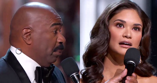 Miss Universe Pia Wurtzbach (right) goes on stage again with host Steve Harvey, who mistakenly announced Miss Colombia Ariadna Gutierrez as last year's winner. SCREENGRAB FROM PLDT MISS UNIVERSE COVERAGE