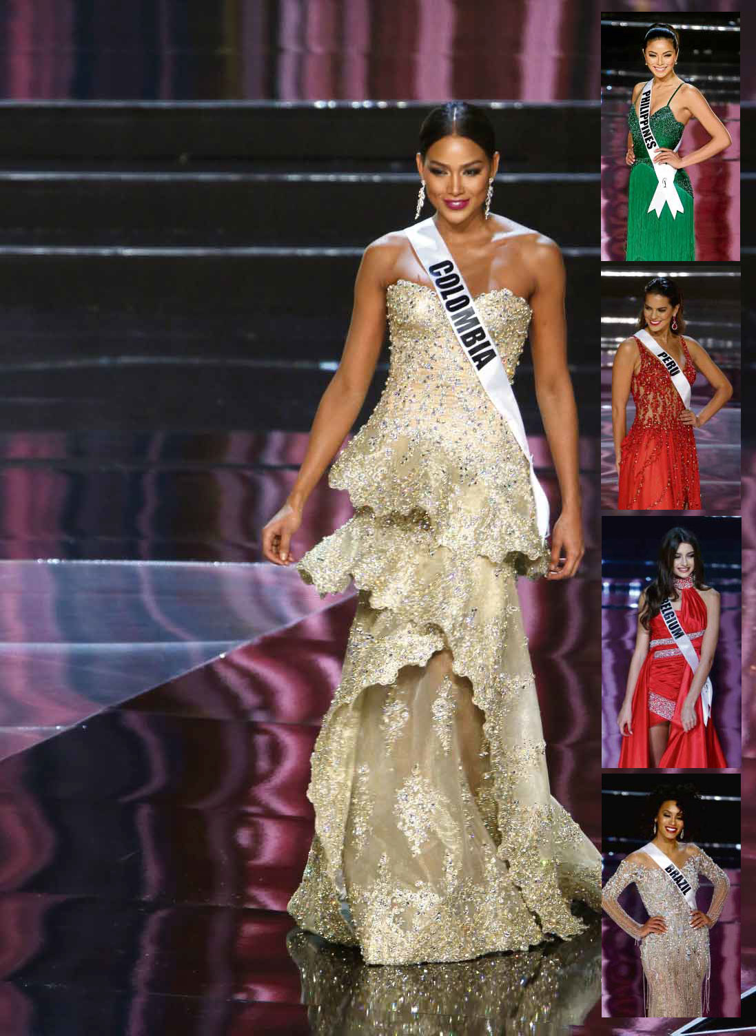 TOP FAVORITE Miss Colombia Andrea Tovar emerges as the top favorite to win the Miss Universe 2016 crown in betting stations worldwide. Expected to offer stiff competition are the Philippines’ Maxine Medina (topmost), Peru’s Valeria Piazza, Belgium’s Stephanie Geldhof and Brazil’s Raissa Santana. PHOTOS BY EDWIN BACASMAS