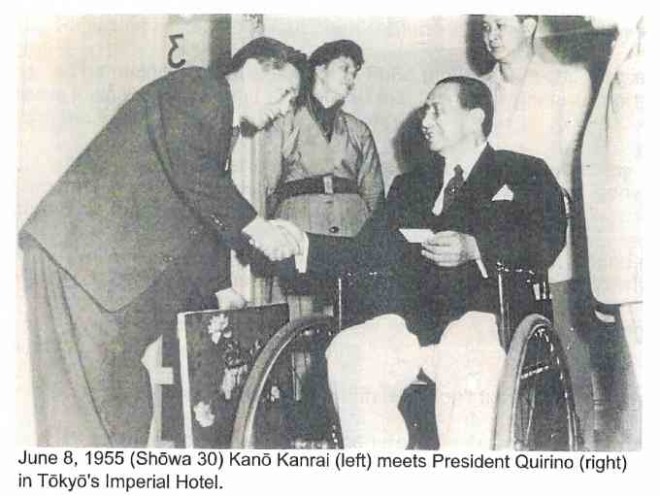 June 8, 1955. Kano Kanrai (left) meets President Quirino (right) in Tokyo’s Imperial Hotel.