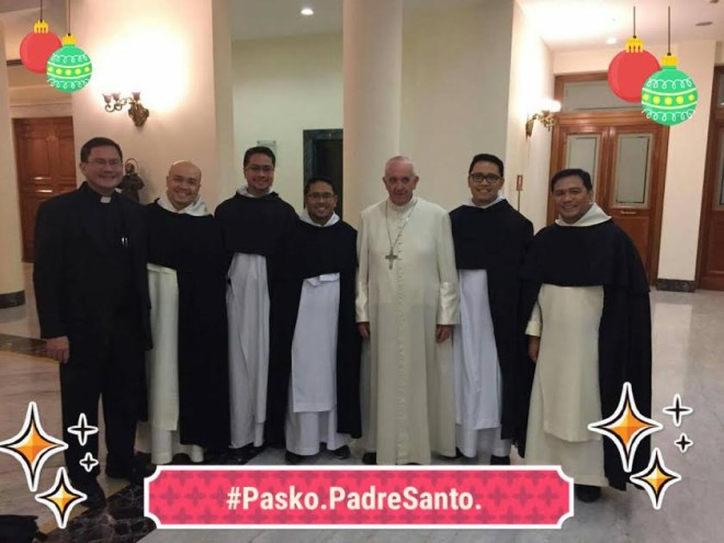 Pope Francis with Fr. Gerard Francisco Timoner III, OP (left), the only Philippine member of the International Theological Commission, and Fr. Gaspar Sigaya, OP, archivist of the Dominican curia in Santa Sabina basilica (right), with young Philippine Dominicans taking up higher studies in pontifical institutions in Rome