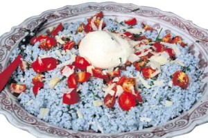 Salad of “adlai” or pearl barley colored by blue ternate flowers and chives from Kai Farm, cherry tomatoes from Pangasinan, burrata from Negros, olive oil and sea salt. PHOTO BY ARNOLD ALMACEN