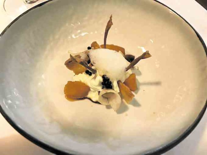 Bagoss Mousse—Grana Padano mousse and balsamic pearls