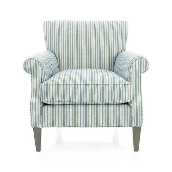 Elyse Chair, in fresh blue and neutral stripes accented by curving keyhole arms. Elyse’s sculpted lines and upright proportions offer symmetry for traditional room settings.