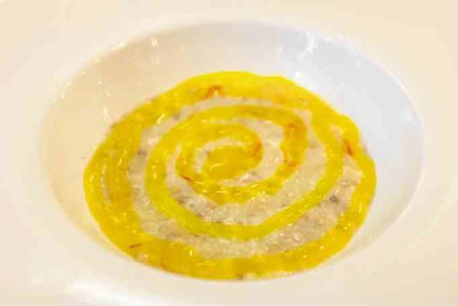 Saffron Fregola, pasta “fregola,” Grana Padano cheese and saffron