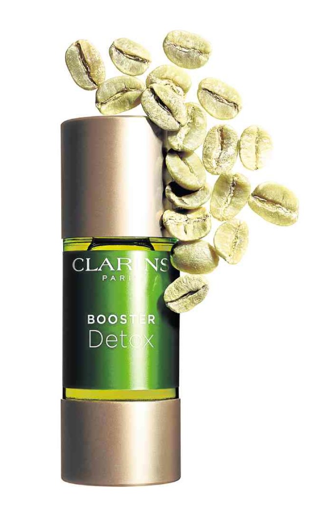 Clarins Booster Detox with green coffee is intended for clogged skin caused by “partying, overindulging, smoky environments and extreme pollution.”