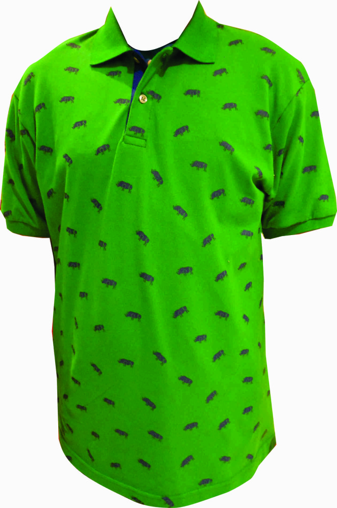 Men’s polo shirt with blue rhino print, luck enhancer for the Snake