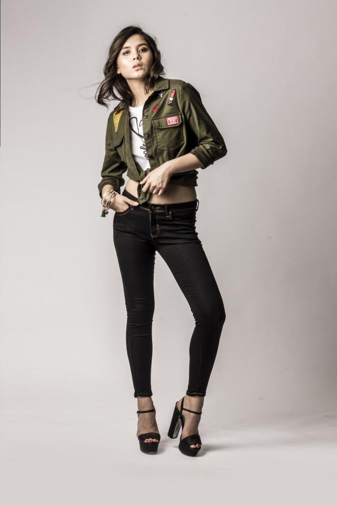 Army green dress shirt with patches, Vero Moda; graphic tee, skinny jeans, Bench; block-heel sandals, Aldo