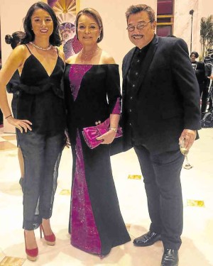 At Okada Manila post-pageant party, Moran-Floirendo with daughter Monica Ugarte, and Ito Curata, who designed the author’s gown