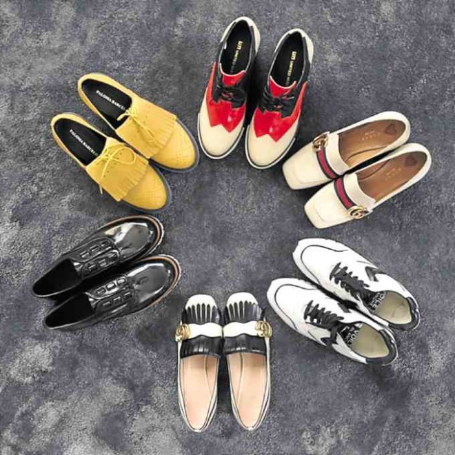 Clockwise:UNUnited Nude yellow loafers, Paloma Barcelo wedges, Gucci loafers, Voile Blanche sneakers, Gucci loafers, black baroque Pertini loafers