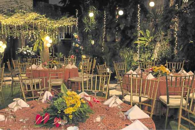 The garden  is fully lit with tivoli  lights, and overhanging the buffet table are white twigs all lit up.