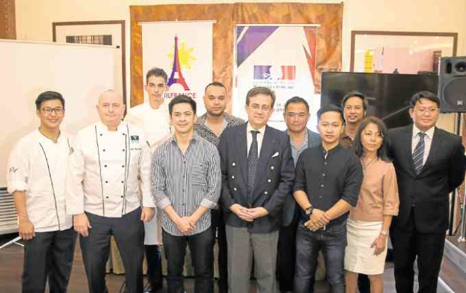 The French Ambassador with chefs Justin Baradas, Pierre Cornelis,Nicolas Cegretin, VictorMagsaysay, Kevin Endaya and Francesca Mabanta, with CSB dean Angelo Locsin and representatives of the other participating restaurants