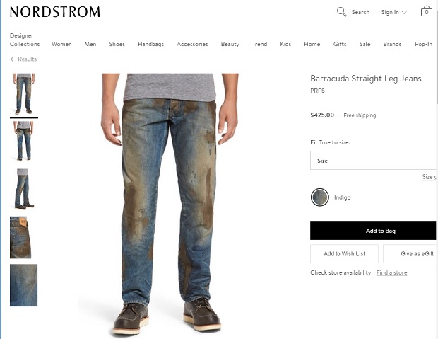This ad of the American chain of luxury stores drew ire online for selling $425 jeans 'tainted' with fake dirt. SCREENGRAB FROM SHOP.NORDSTROM.COM