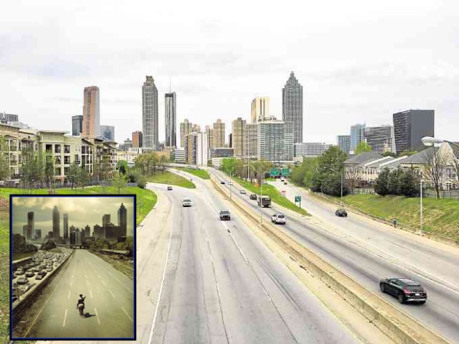 Atlanta’s skyline and Interstate 85 as seen from Jackson Street Bridge. Inset, Rick Grimes on a horse to Atlanta in “TheWalking Dead” Season 1 poster —PHOTOS BY CHECHE V.MORAL