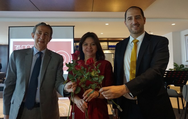 Ambassador Luis Calvo, Ayala Land’s Catherine Bengzon, Instituto Cervantes director Carlos Madrid —IRENE PEREZ