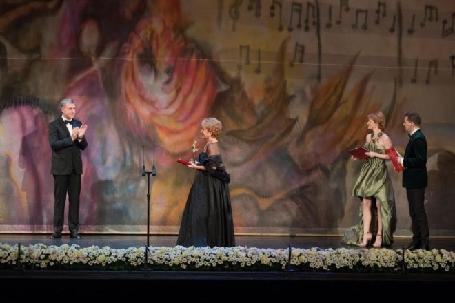 Soprano Nelly Miricioiu after receiving a lifetime achievement award from Prince Radu of Romania.