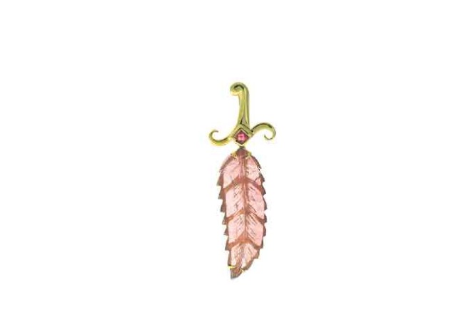 Sandata earring of carved tourmaline with diamonds in 14-k yellow gold