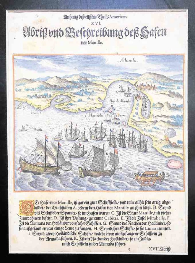 “AbriÃŸ und Beschreibung deÃŸ Hafen vor Manille”map by Theodore de Bry. One of Laya’s favorites, this map details an encounter between the Spanish and the Dutch naval forces inManila Bay sometime between the 1590s and the 1650s.