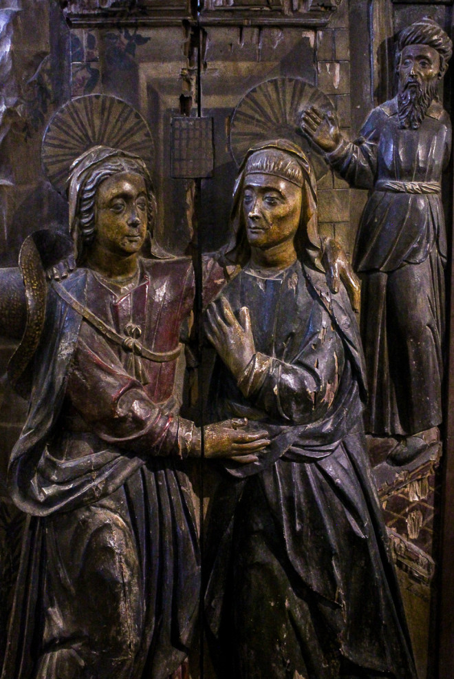 Hardwood relief of the Visitation of the Blessed Virgin to St. Elizabeth