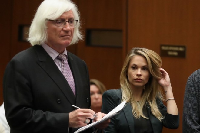 LOS ANGELES, CA - MAY 24: Attorney Thomas Mesereau (L) speaks during a hearing for model Dani Mathers at Clara Shortridge Foltz Criminal Justice Center on May 24, 2017 in Los Angeles, California. Mathers is facing invasion of privacy charges for taking a picture of a 70-year-old woman in an LA area gym locker room and posting it online along with disparaging remarks.   Frederick M. Brown/Getty Images/AFP