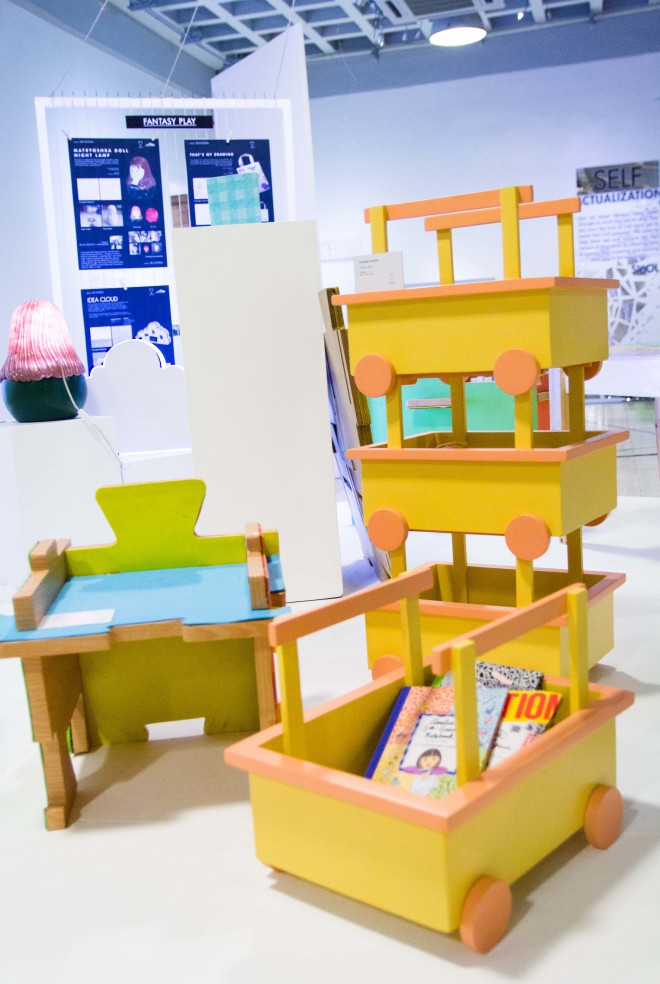 Bright-colored chairs and stackable wagons that also serve as space savers