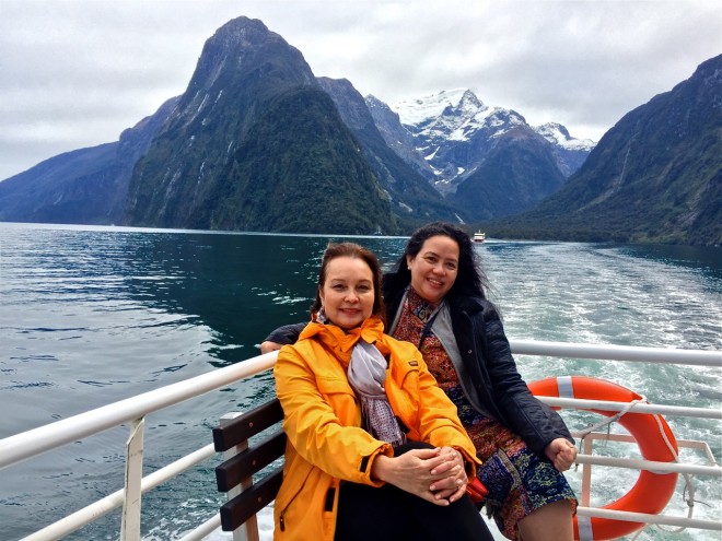 Cruising Milford Sound with my friend Kathleen Liechtenstein
