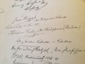 Signatures of Jose Rizal and Maximo Viola in the memorial book of the City of Litomerice dated May 16, 1887
