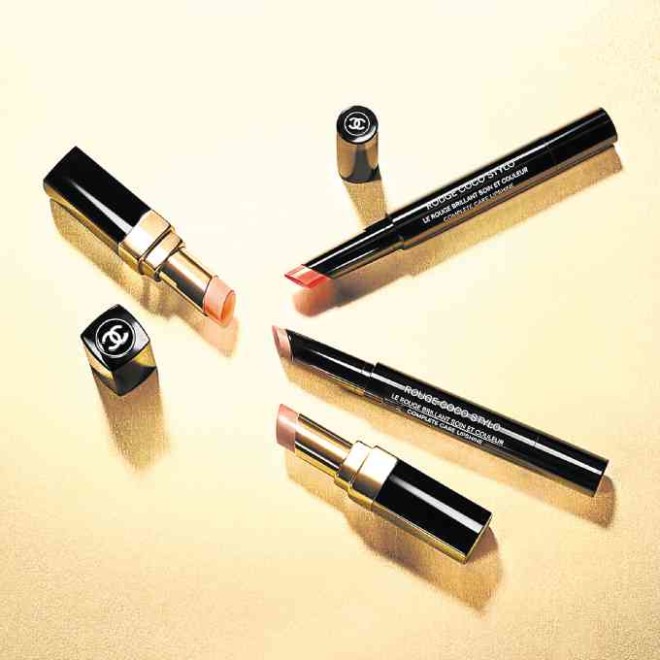 Rouge Coco Shine in Golden Sun and Golden Sand; and Rouge Coco Stylo in Sepia and Esquisse