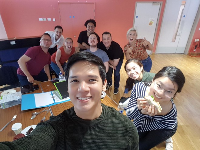 In London, with director Jean Pierre Van Der Spuy (in maroon shirt) and other co-actors and production staff during rehearsal break; Red Concepcion (The Engineer) is at the back, in black.--ALL PHOTOS FROM GERALD SANTOS' INSTAGRAM