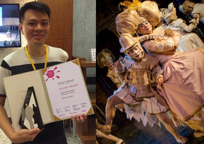 Gino Gonzales (left) with his 2017 World Stage Design silver award in the Professional Designers category for Dulaang UP’s “Hakbang sa Hakbang”