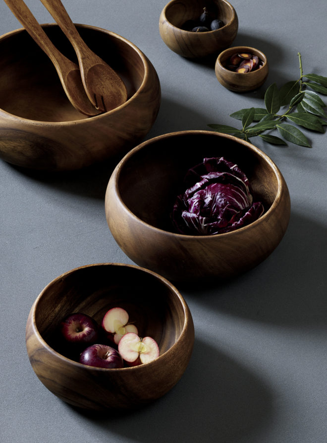 Tondo serveware bowls made from richly grained acacia wood from Crate & Barrel