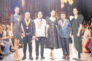 Balintawak category winners: Dragon-inspired gown by Santi Obcena; Marlon Tuazon and his lace and crinoline cocktail terno; Dan Duran and his draped terno with pants