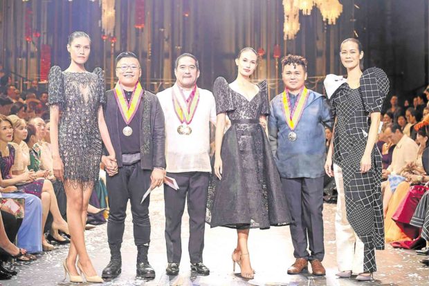 Balintawak category winners: Dragon-inspired gown by Santi Obcena; Marlon Tuazon and his lace and crinoline cocktail terno;  Dan Duran and his draped terno with pants