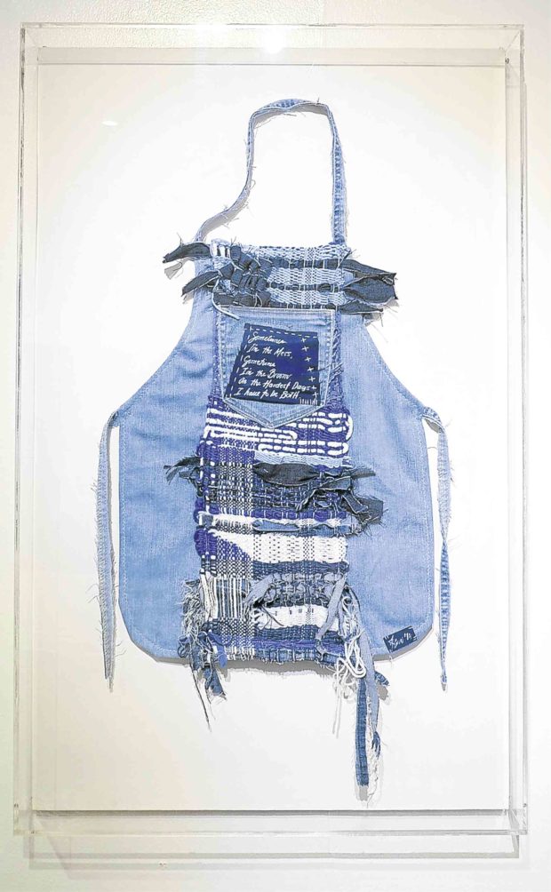 “#OOTD,” artist’s own repurposed premotherhood denim sewn and woven into an apron cotton, wool, cyanotype print