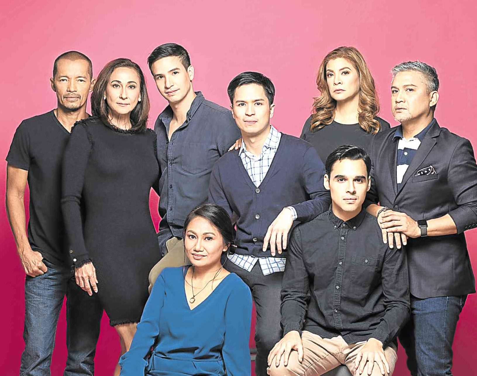The cast of Atlantis Theatrical Entertainment Group’s “Angels in America: Millennium Approaches”: (standing, from left) Art Acuña, Cherie Gil, Markki Stroem, Topper Fabregas, Pinky Amador, Andoy Ranay; (seated) Angeli Bayani and Nelsito Gomez