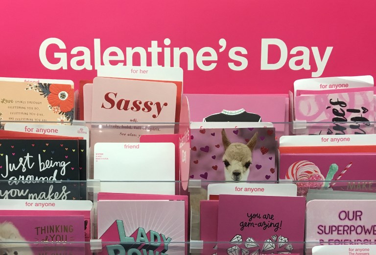 Galentine's Day cards are displayed at a Target store in Falls Church, Virginia, on February 9, 2019. - For some people, facing the onslaught of Valentine's Day flowers, candy and marketing can be overwhelming if you are single. For Riya Patel, it's a reason to celebrate love -- platonic love -- even by long distance. Welcome to the American phenomenon of Galentine's Day, feted on February 13th -- a "holiday" gaining in popularity with each passing year, and also gaining in terms of its message of female empowerment. (Photo by Susan STUMME / AFP)