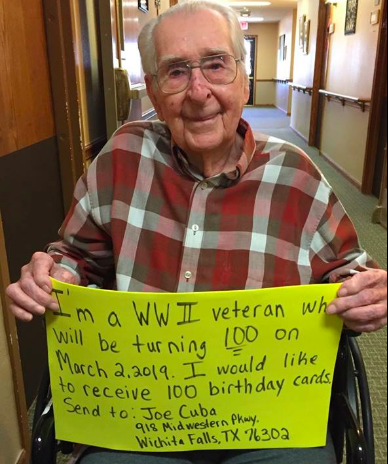 WWII veteran receives cards for 100th birthday