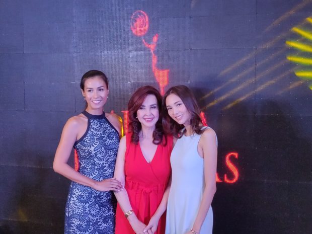 Mutya Pilipinas head Cory Quirino (center) launches her pageant’s partnership with the Professional Models Association of the Philippines (PMAP), represented by Paulette Quinto (left) and its president Ana Sideco, at a press conference at Ascott Makati on July 8, 2019./ARMIN P. ADINA