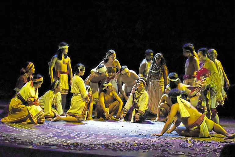 The ensemble of “Lam-ang,” with costume design by Bonsai Cielo and set design by Marco Viaña