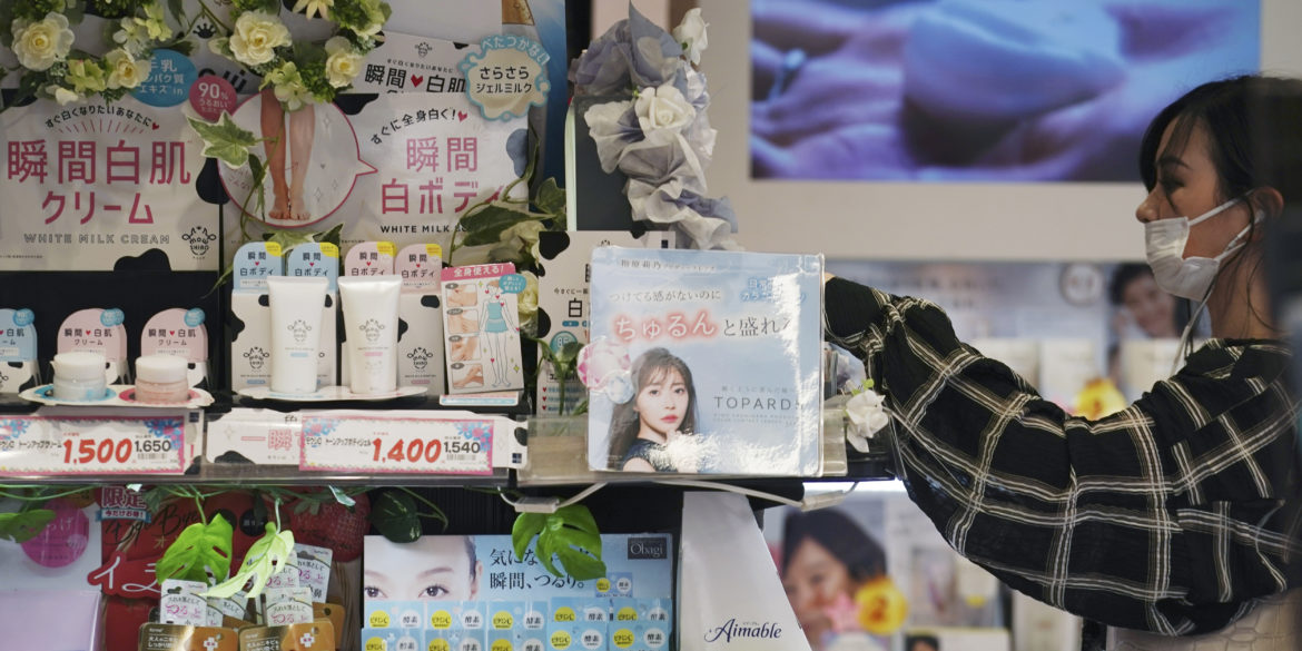 Some cosmetics including skin care and so-called "bihaku" products, based on the Japanese characters for "beauty" and "white," are sold at a drugstore in Tokyo Thursday, July 2, 2020. In the wake of mass protests against racial injustice in the U.S., these corporations are re-branding their skin lightening products in Africa, Asia and the Middle East, but for generations of women raised on their messaging, the new marketing is unlikely to reverse deeply rooted prejudices around “colorism”, the idea that fair skin is better than dark skin. (AP Photo/Eugene Hoshiko) WHITENING