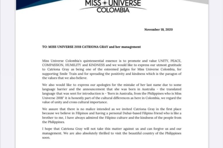 Miss Universe Colombia org apologizes to Catriona Gray for misspelled last name, introducing her as Aussie
